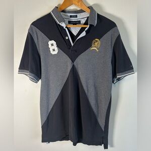 Tommy Hilfiger Custom Fit Polo Shirt L Mens Black Gray Crest #8 Patch 2010